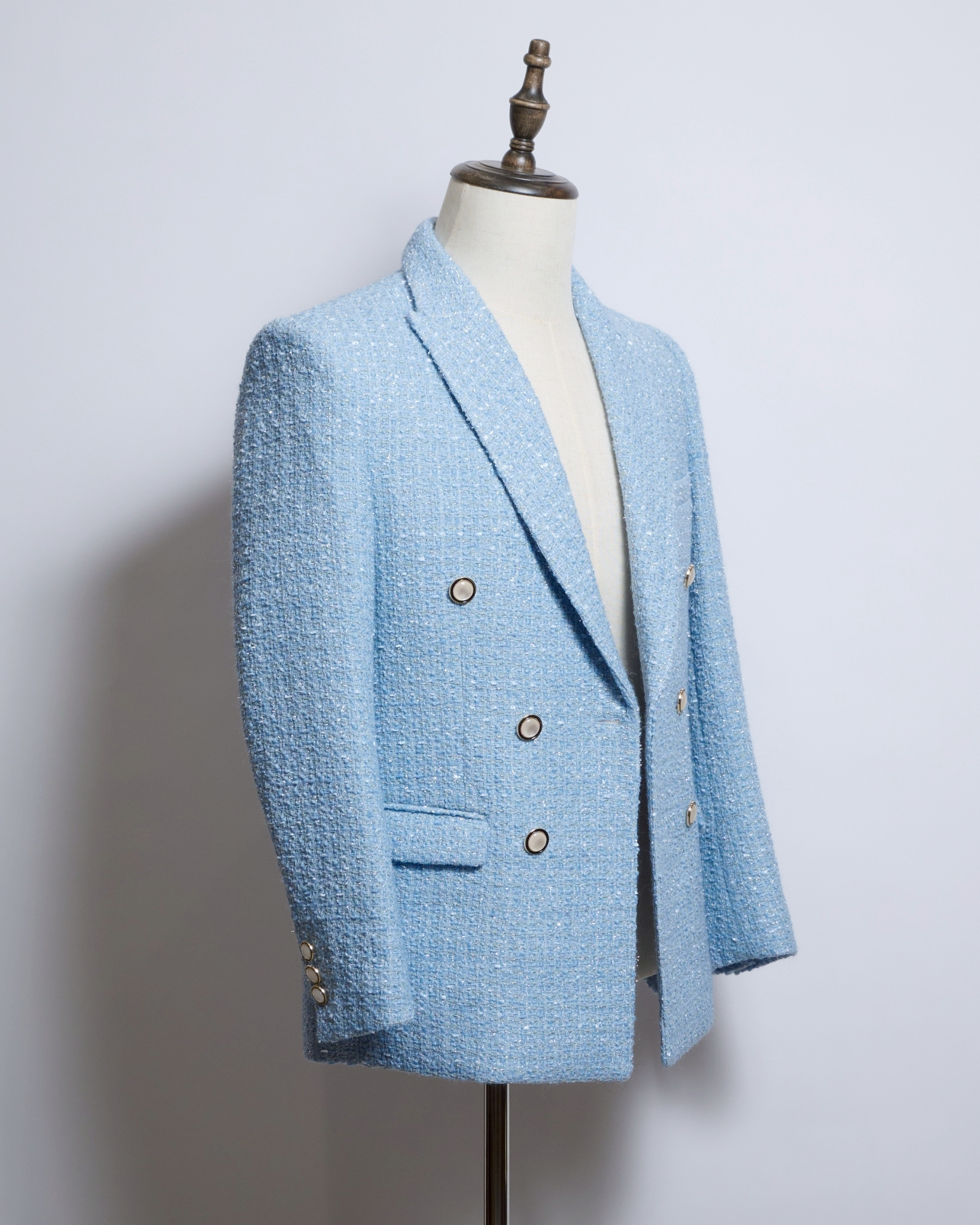 サックスブルーラメツイードダブルジャケット