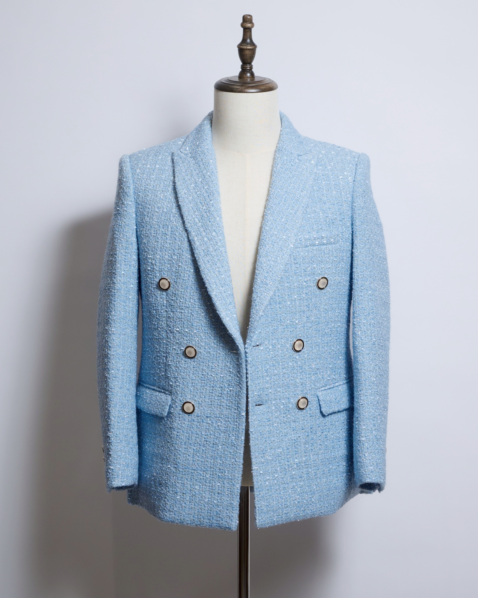 サックスブルーラメツイードダブルジャケット