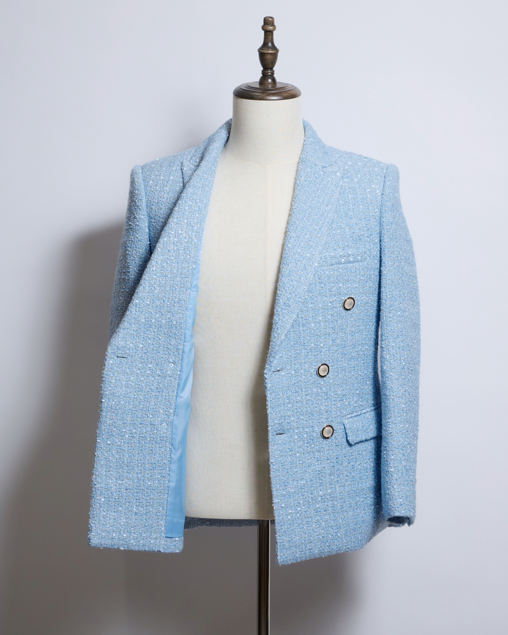 サックスブルーラメツイードダブルジャケット