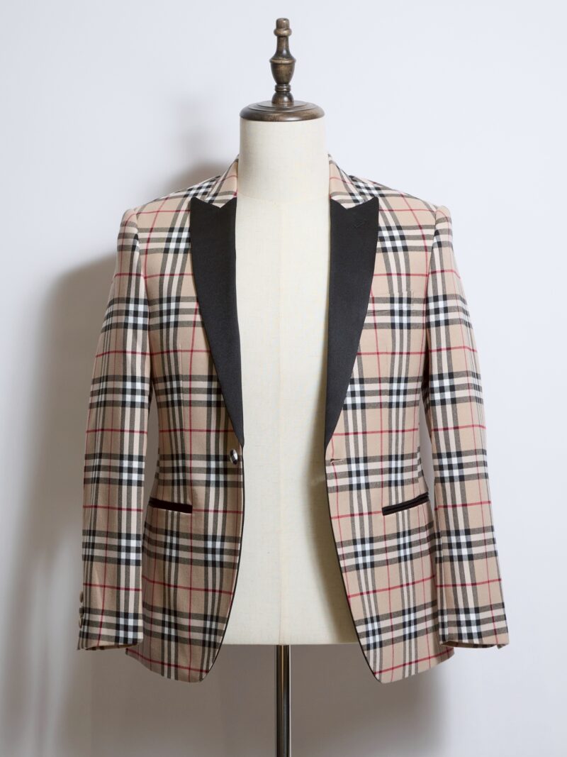 ベージュチェックシングルタキシードジャケット