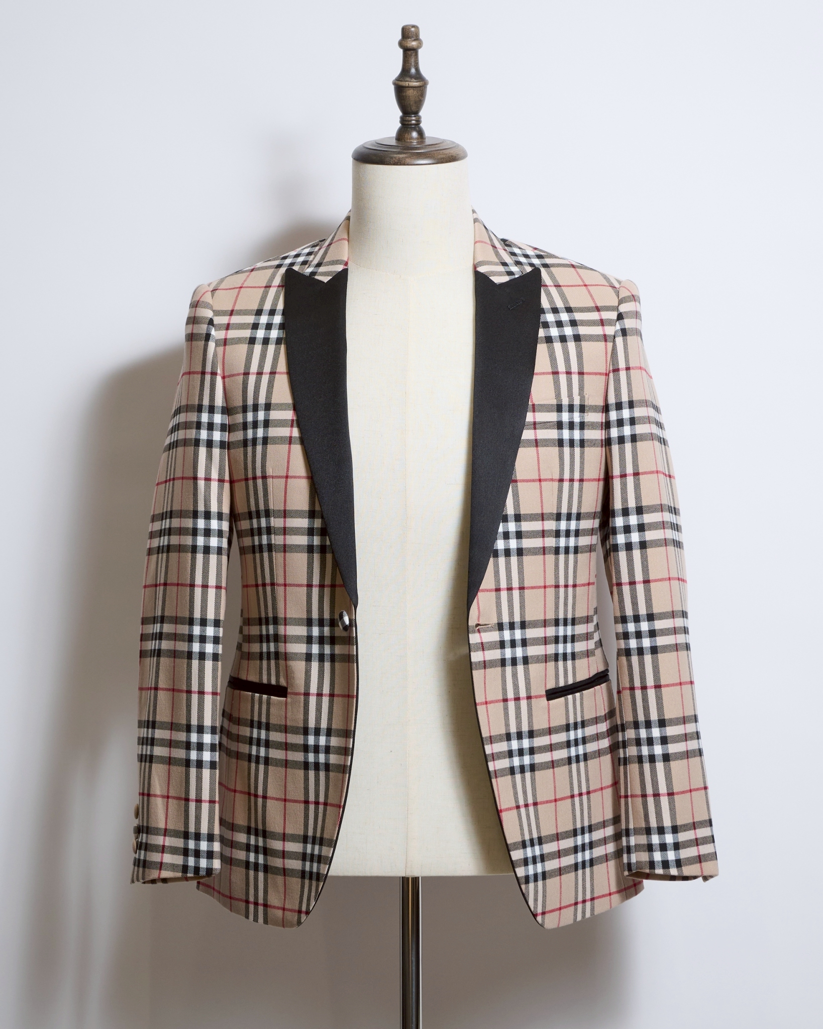 ベージュチェックシングルタキシードジャケット