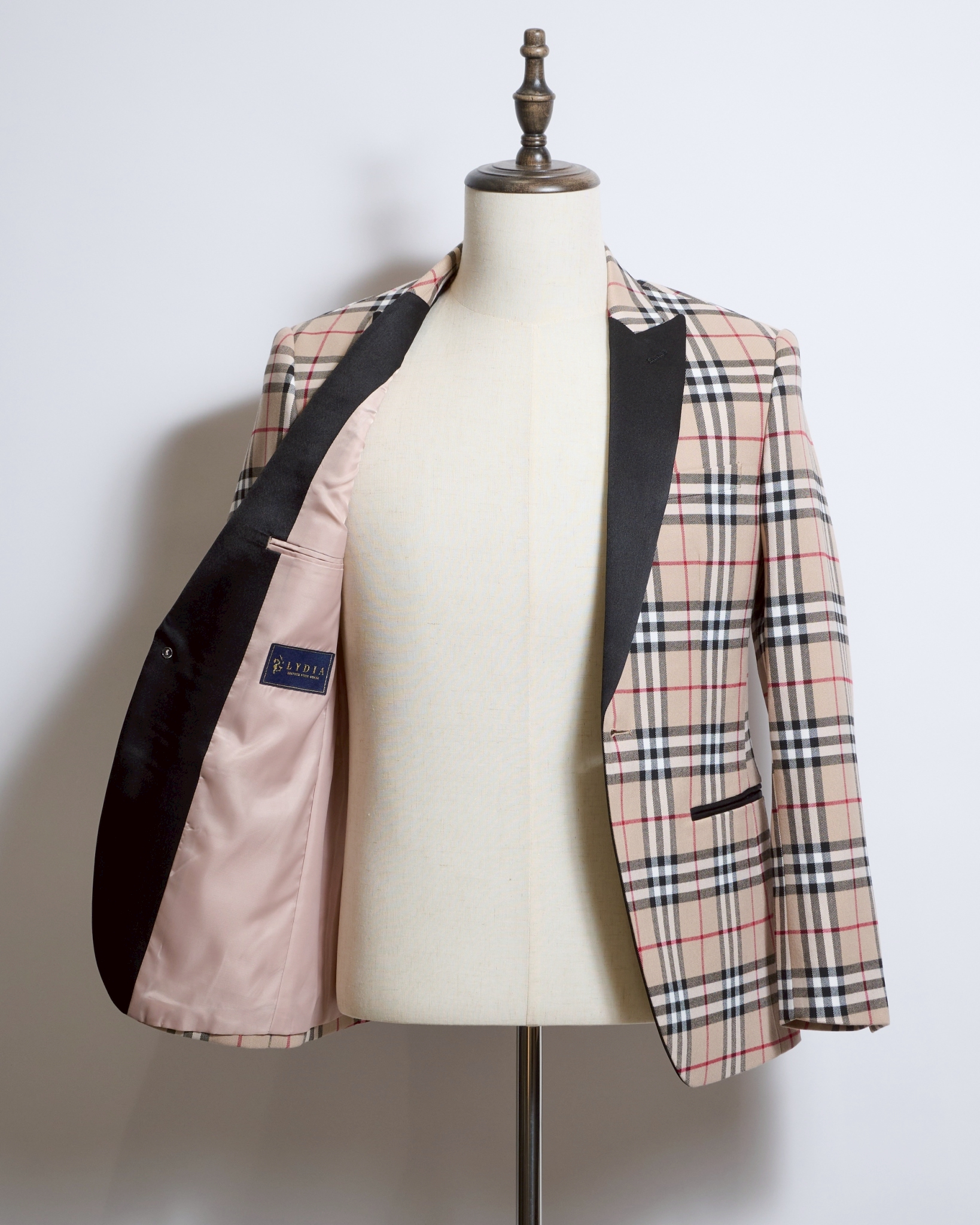 ベージュチェックシングルタキシードジャケット