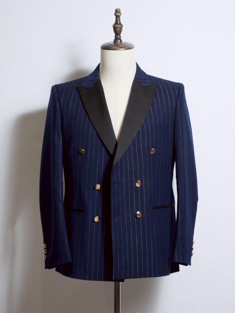 ゴールドストライプサテンカラーダブルジャケットネイビー