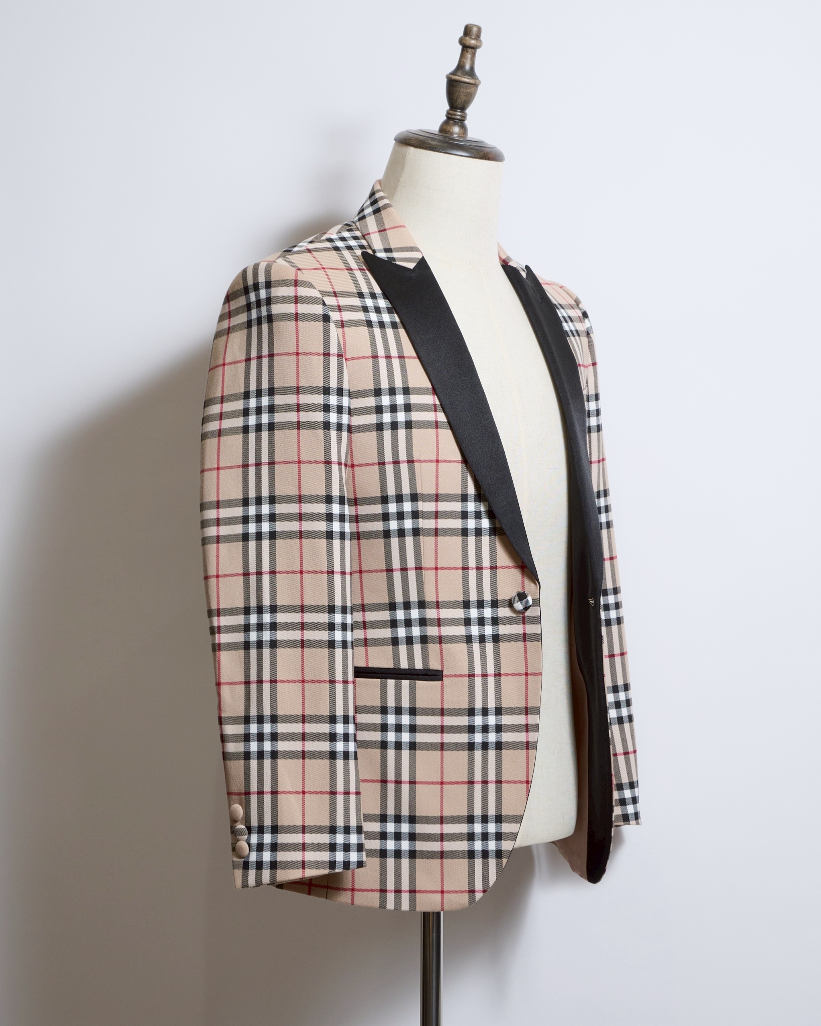 ベージュチェックシングルタキシードジャケット