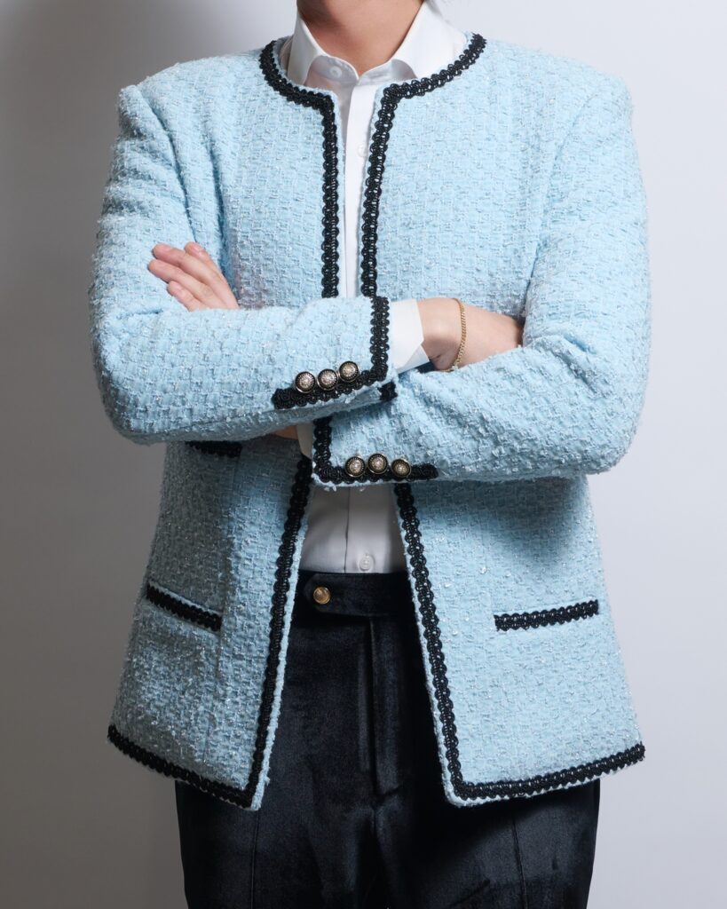 ノーカラー ツイードジャケット 青 ライトブルーツイード ノーカラージャケット - LYDIA
