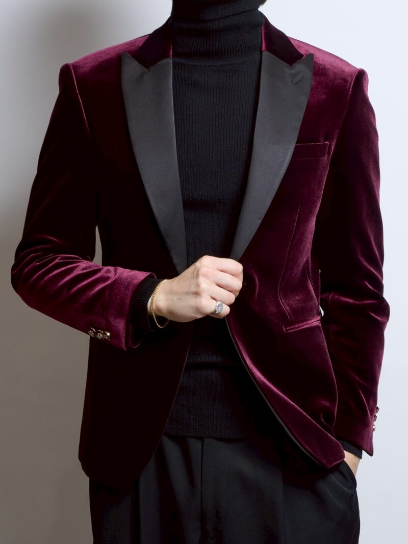ボルドーシングルジャケット、襟ブラックサテン