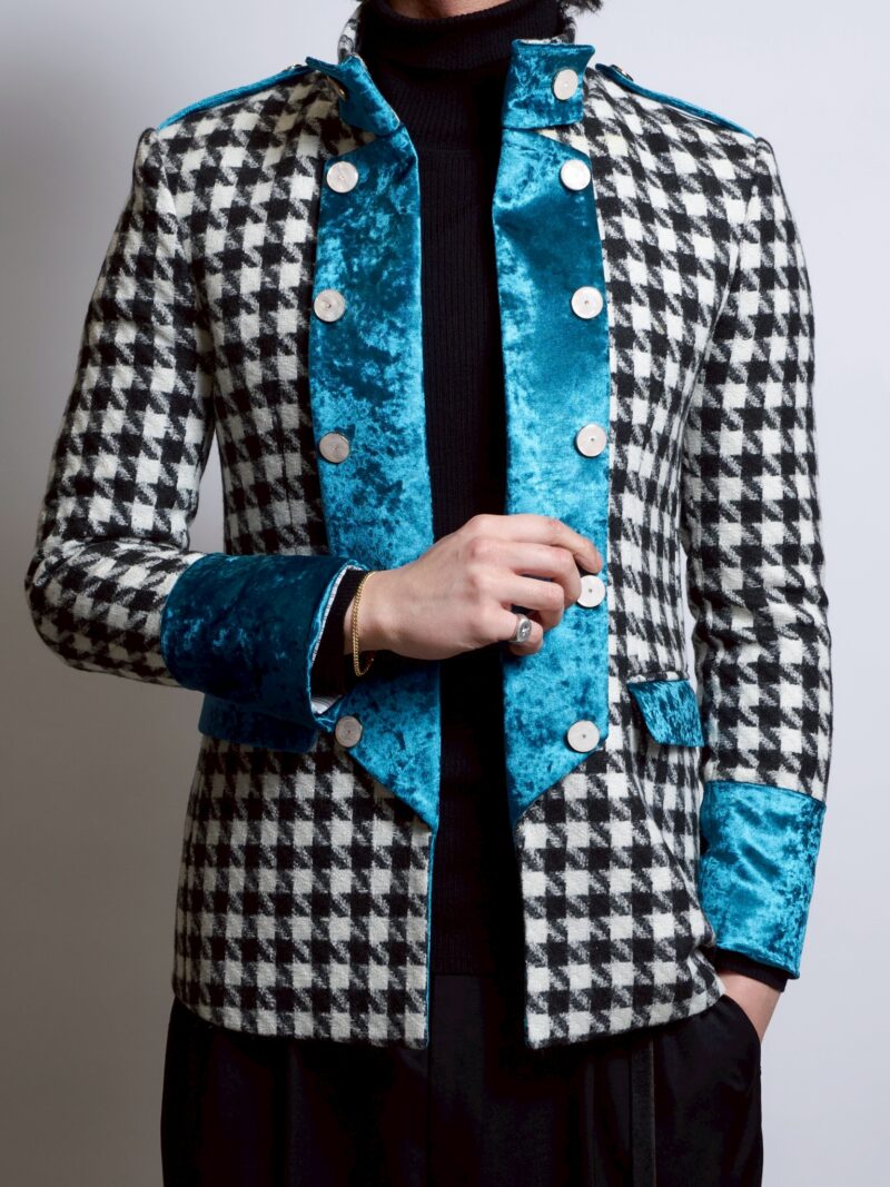 ハウンドトゥーススタンドカラージャケット、ターコイズベロア切り替え