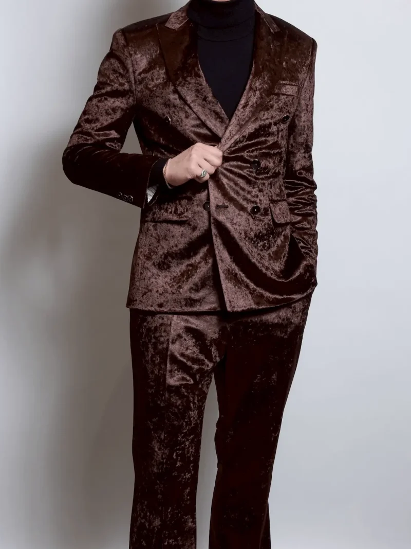 クラッシュベロア、ブラウン、ダブルブレトスーツ、フレアデザイン、