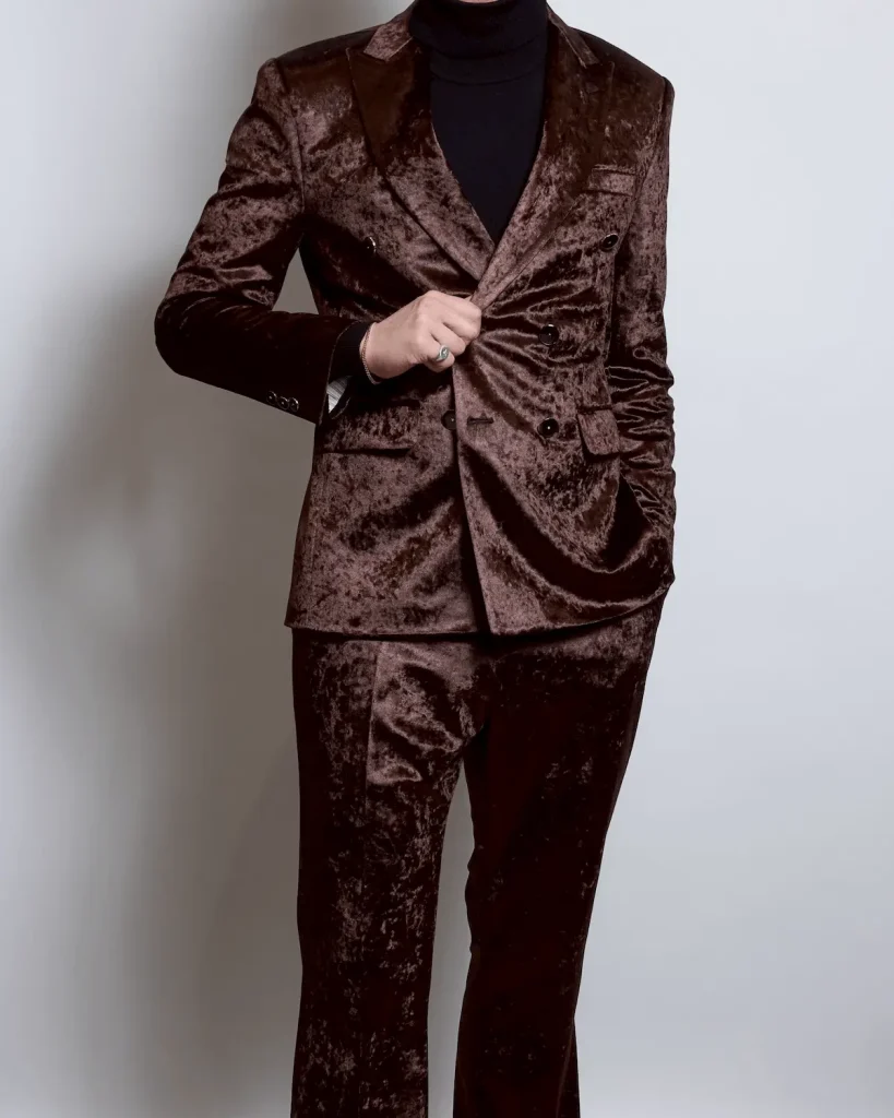 クラッシュベロア、ブラウン、ダブルブレトスーツ、フレアデザイン、